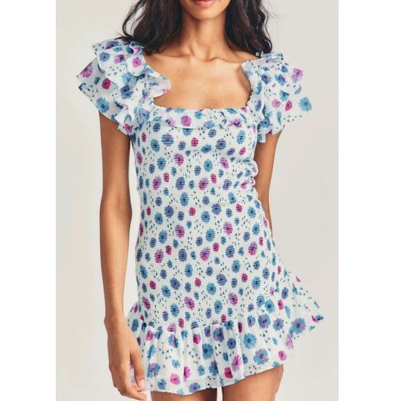LoveShackFancy Smocked Kodie Mini Dress Purple Blue Floral Ruffle Sleeve Small - Picture 10 of 15